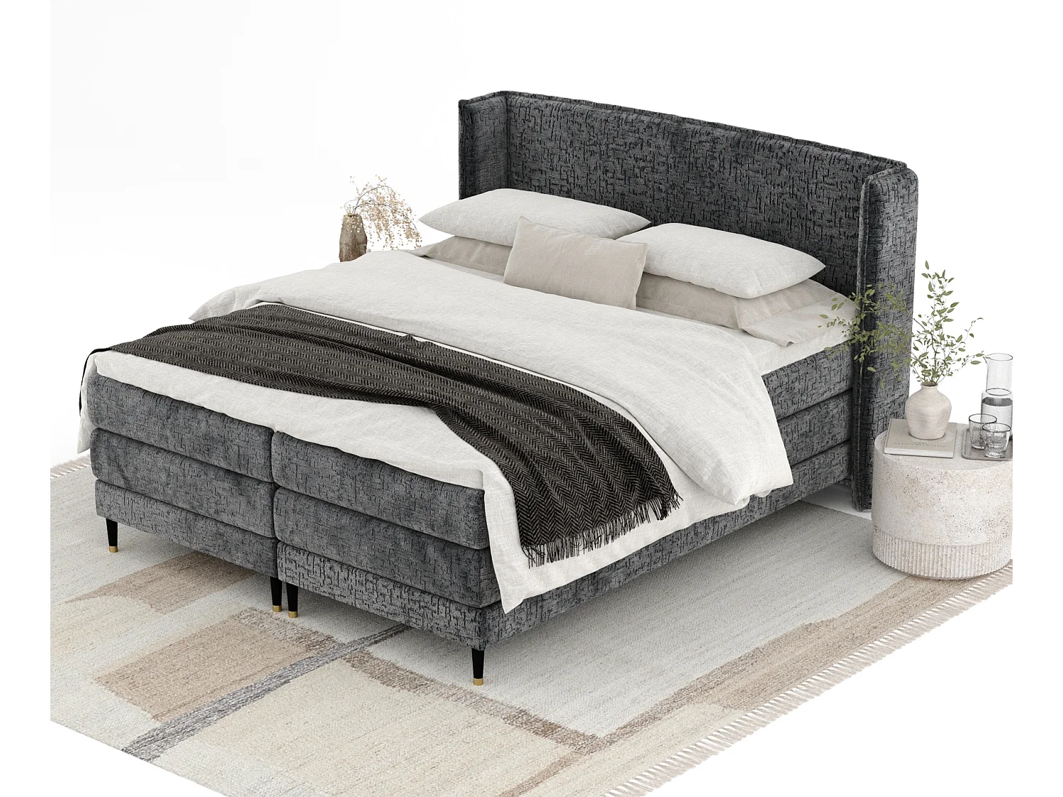 Boxspringbett aus Chenille-Stoff Carizzo - Matratze - Toppermatratze - 200x200 cm - anthrazit
