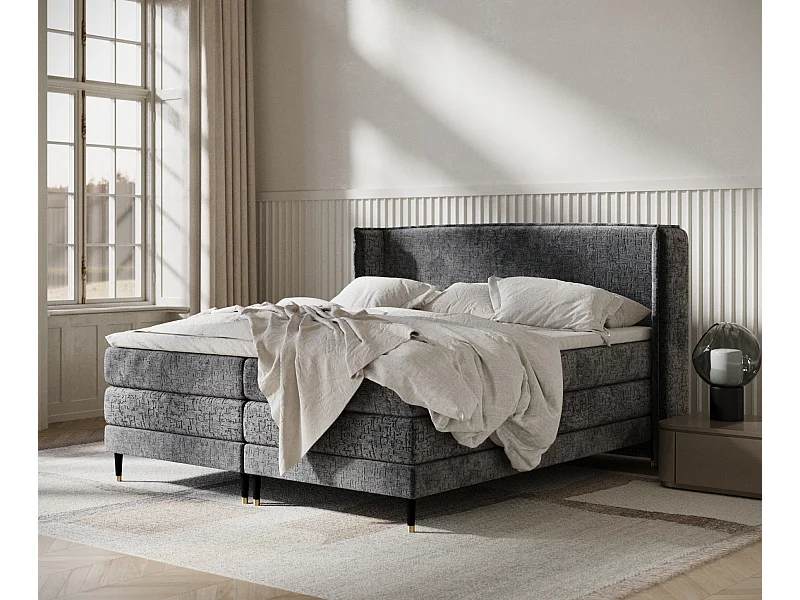 Lit boxspring en tissu chenille Carizzo - matelas - surmatelas - 200x200 cm - anthracite