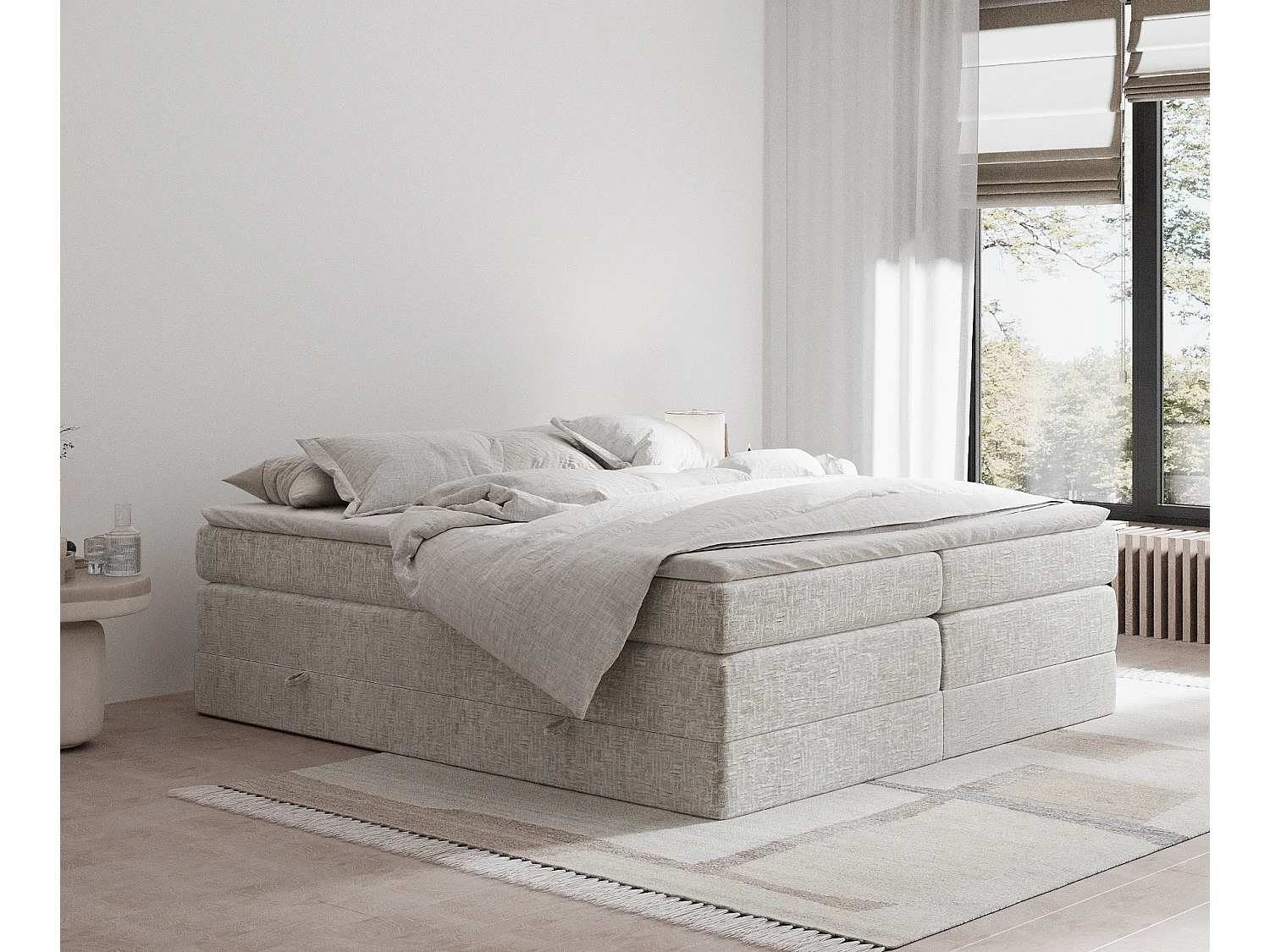 Boxspringbett aus Chenille-Stoff Juniper - Matratze - Toppermatratze - 160x200 cm - beige