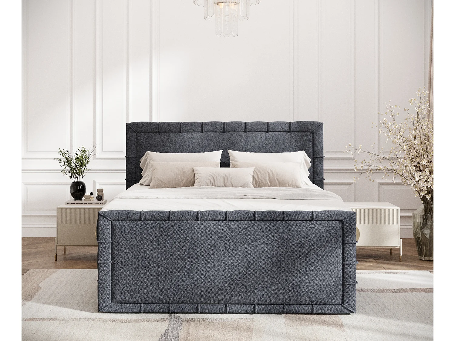 Boxspringbett im Webstoff Estelle - Matratze - Topper - 200x200 cm - schwarz