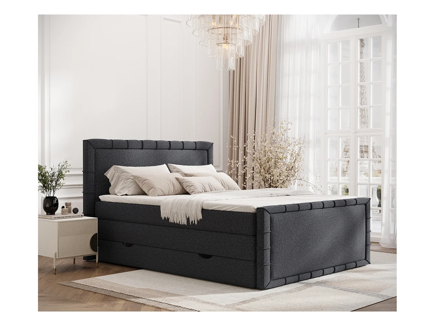 Lit boxspring en toile tissée Estelle - matelas - surmatelas - 200x200 cm - noir