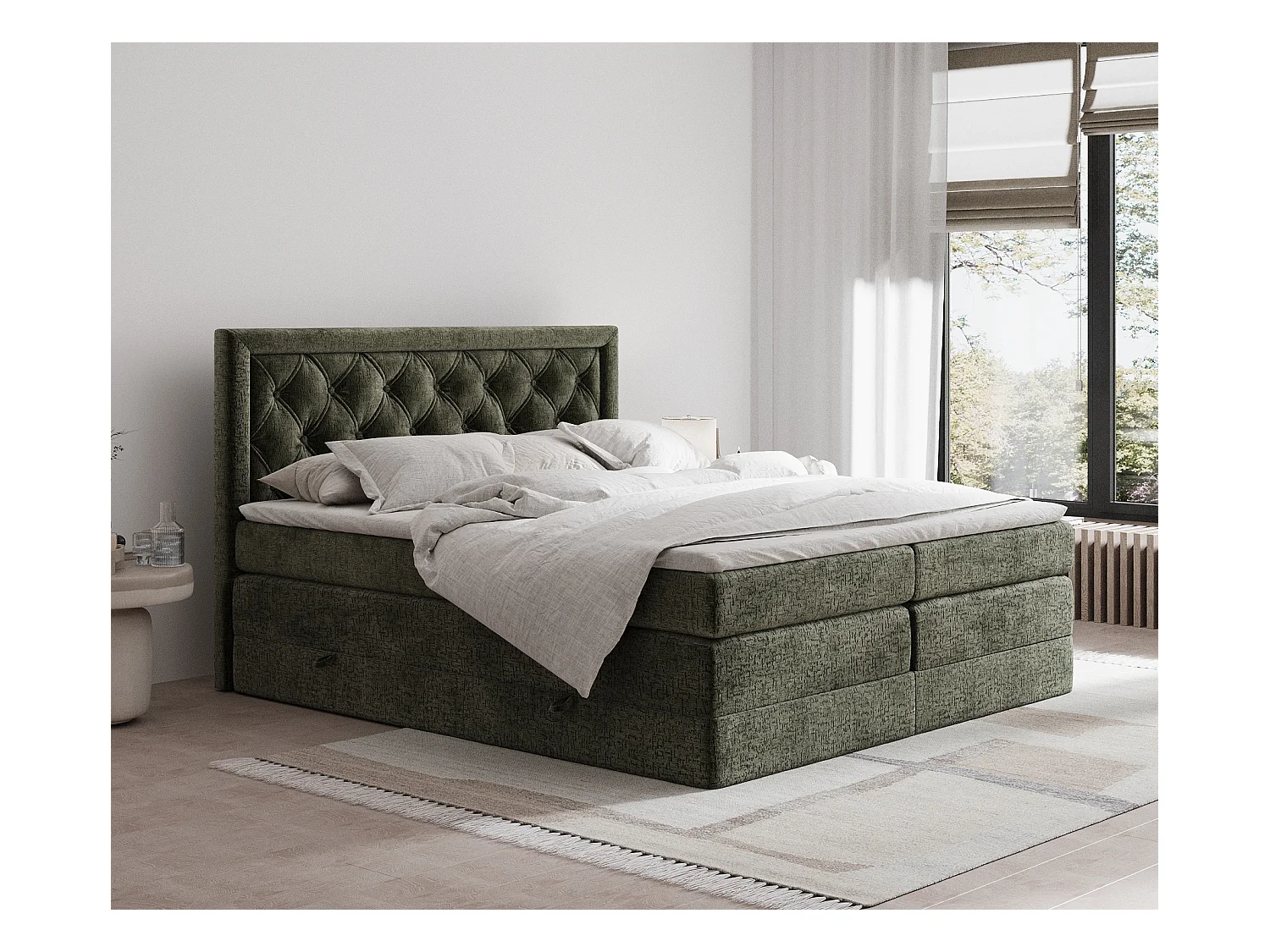 Lit boxspring en tissu chenille Aurelia - matelas - surmatelas - 140x200 cm - vert olive