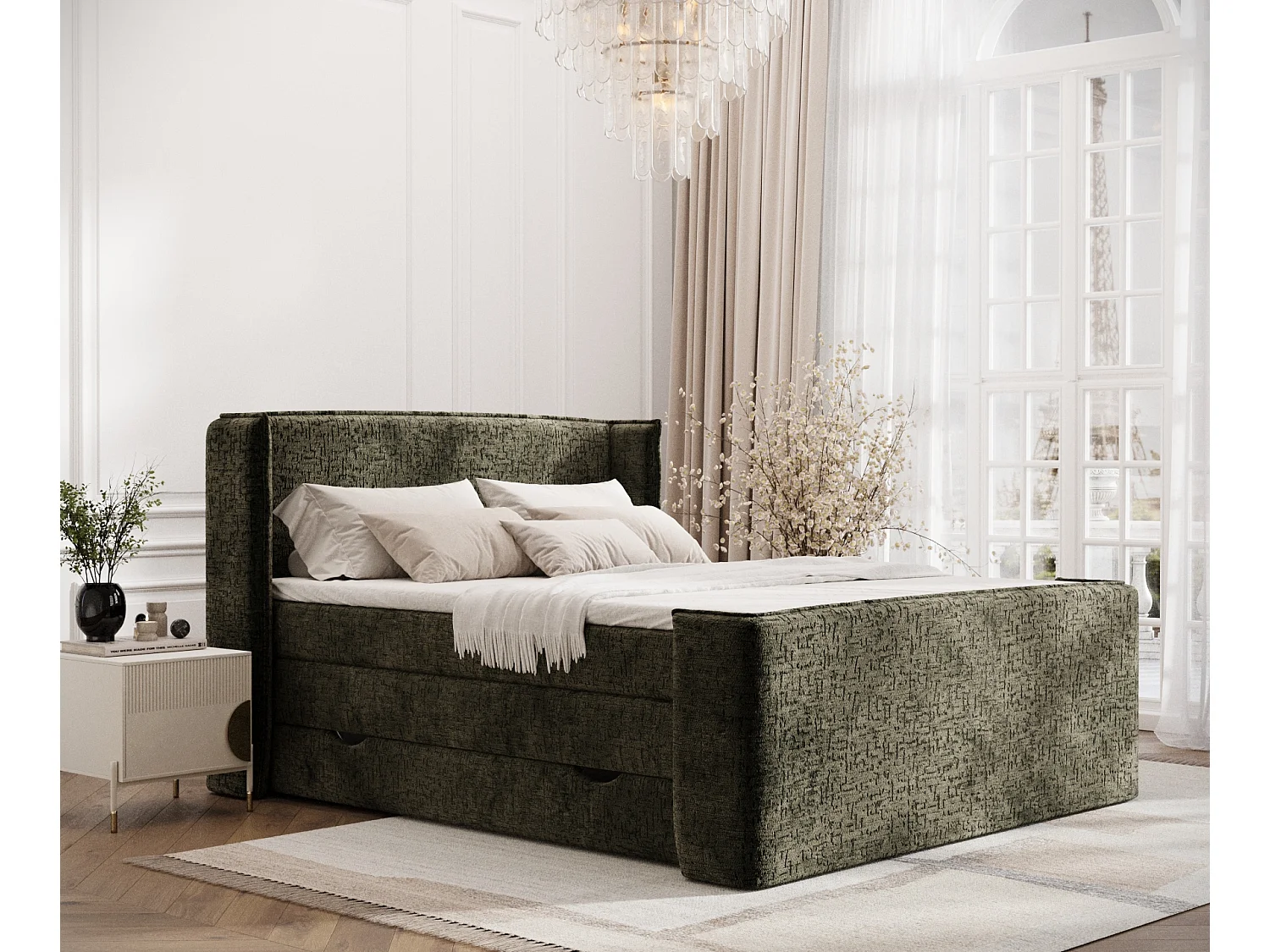 Lit boxspring en tissu chenille Freeland - matelas - surmatelas - 180x200 cm - vert olive