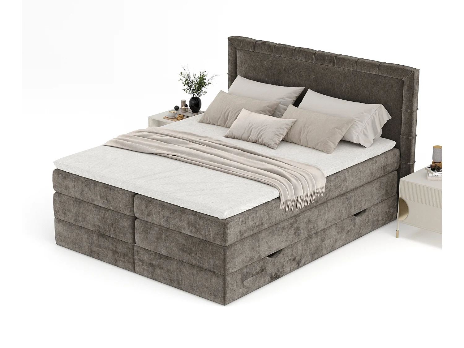 Boxspringbett aus Chenille-Stoff Rosabel - Matratze - Toppermatratze - 160x200 cm - braun