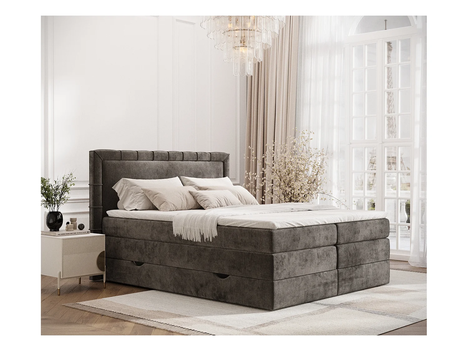 Lit boxspring en tissu chenille Rosabel - matelas - surmatelas - 160x200 cm - brun