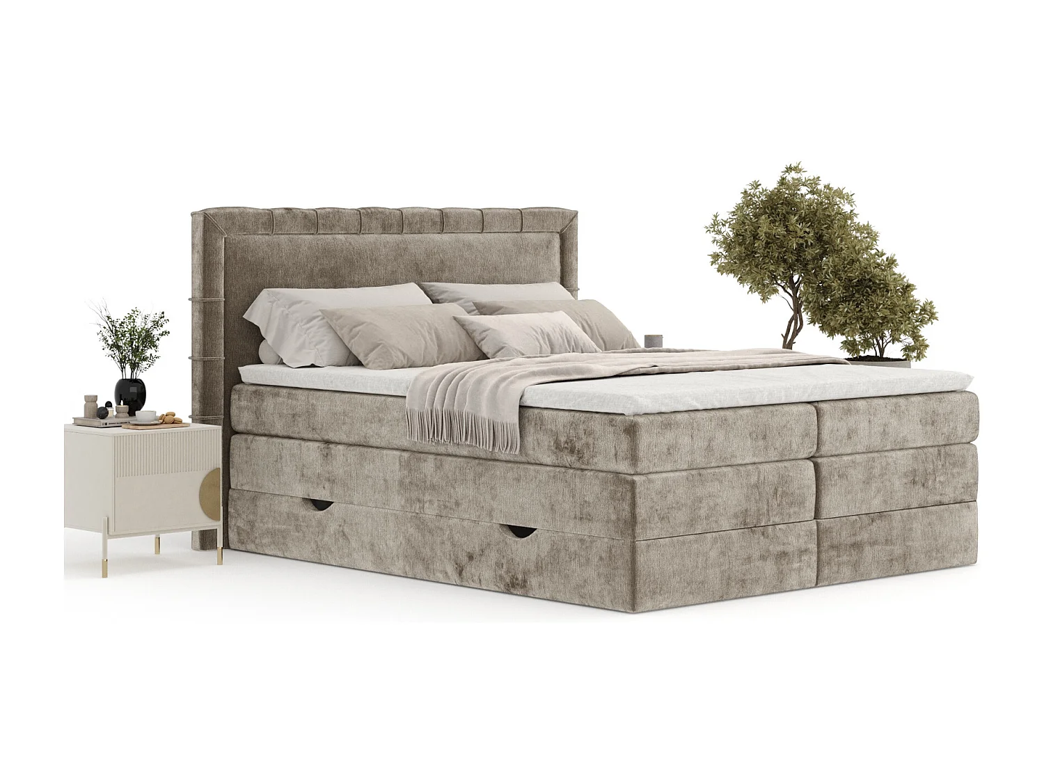 Boxspringbett aus Chenille-Stoff Rosabel - Matratze - Toppermatratze - 140x200 cm - beige