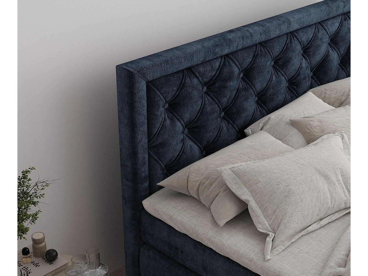 Boxspringbett aus Chenille-Stoff Aurelia - Matratze - Toppermatratze - 200x200 cm - marineblau