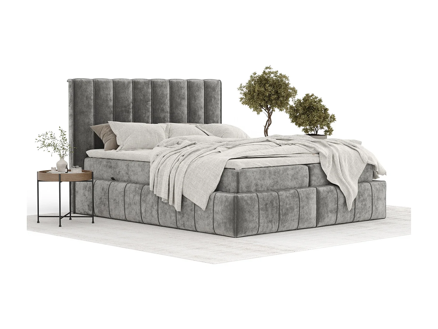 Boxspringbett aus Chenille-Stoff Moretti - Matratze - Toppermatratze - 140x200 cm - grau