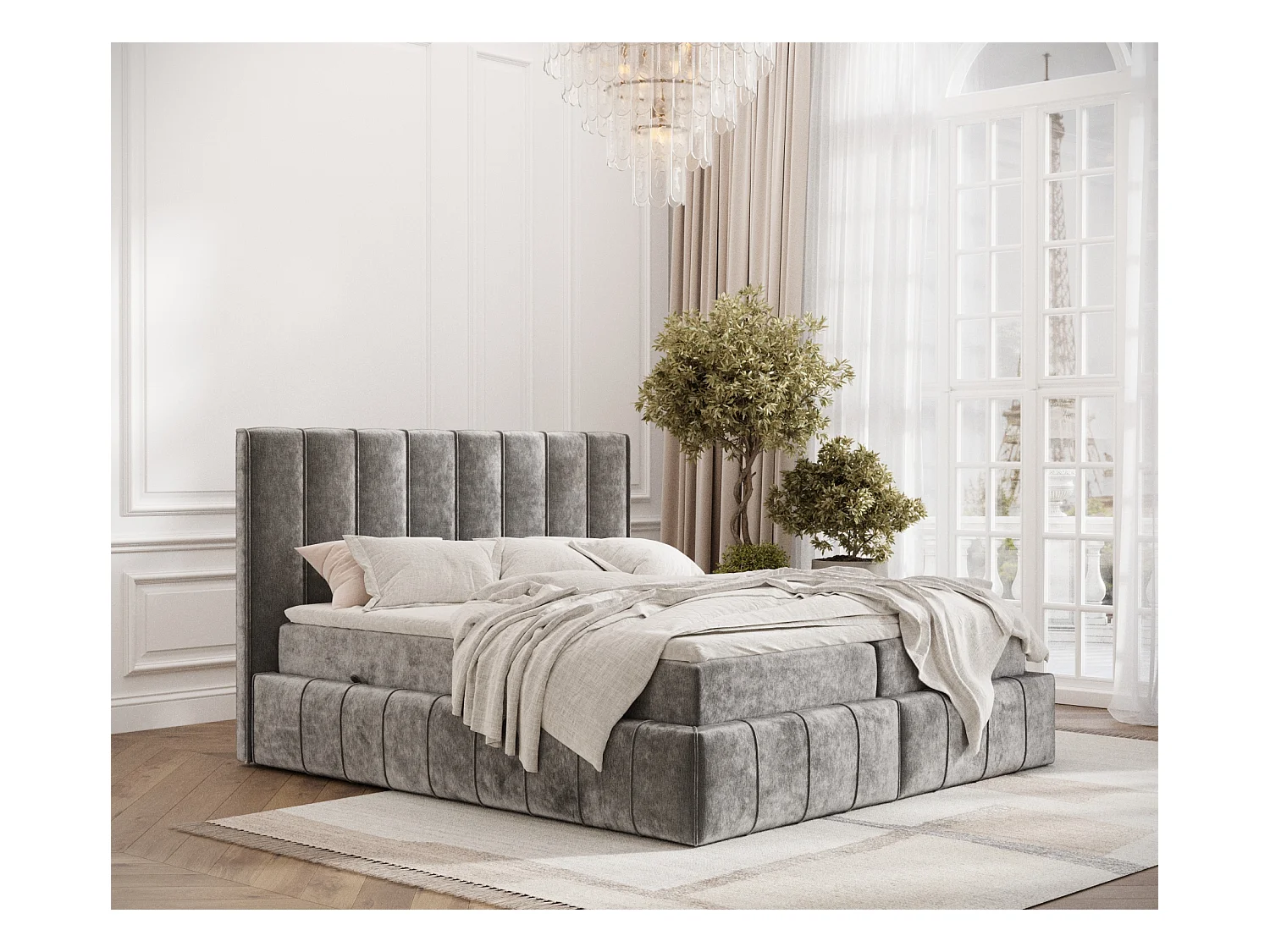 Lit boxspring en tissu chenille Moretti - matelas - surmatelas - 140x200 cm - gris