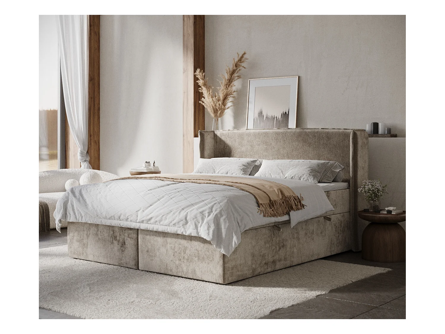 Lit boxspring en tissu chenille Skyline - matelas - surmatelas - 140x200 cm - beige