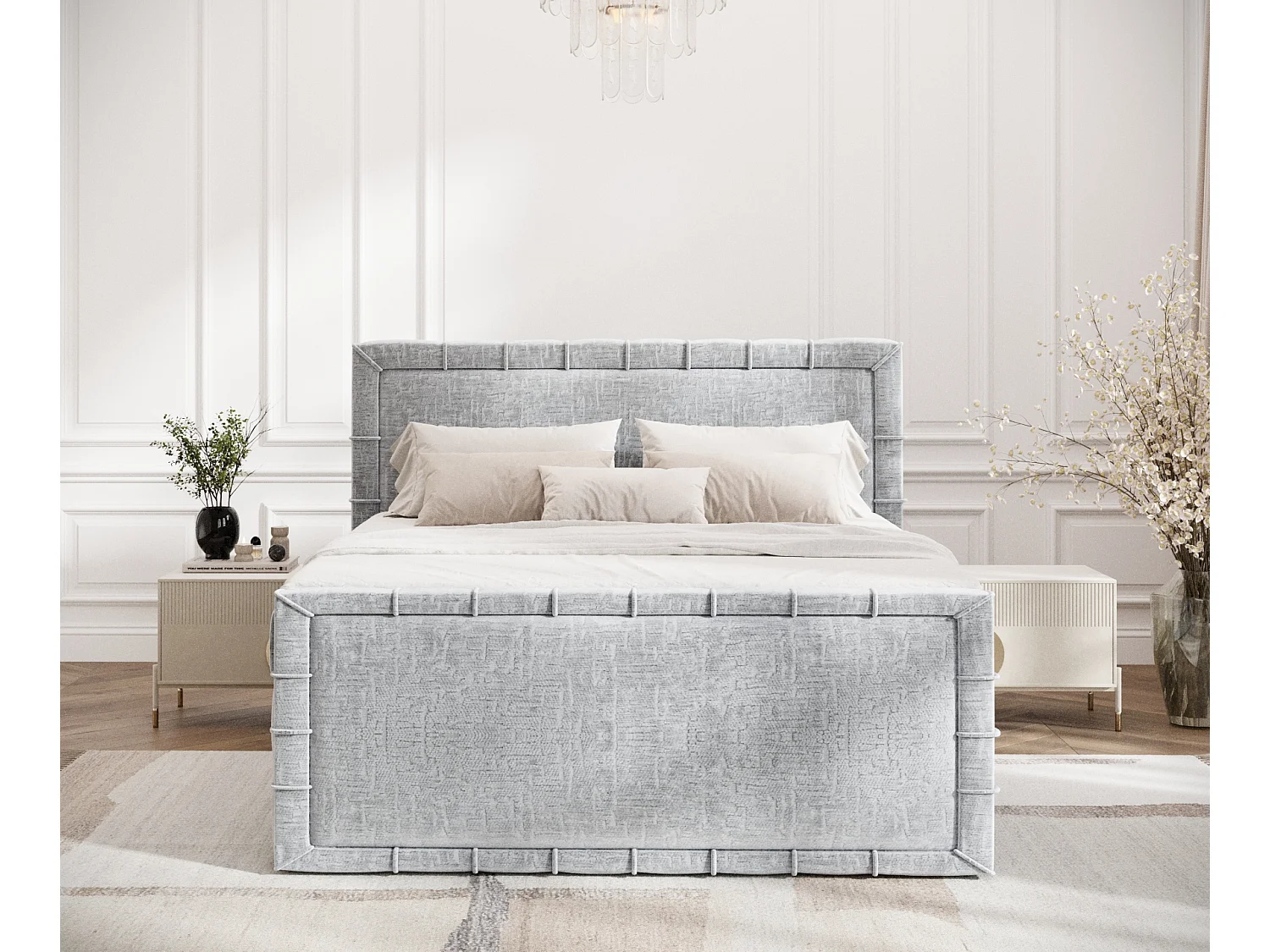 Lit boxspring en tissu chenille Estelle - matelas - surmatelas - 140x200 cm - gris clair