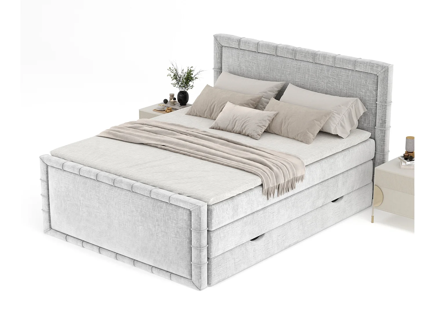 Boxspringbett im Chenille-Stoff Estelle - Matratze - Topper - 140x200 cm - hellgrau