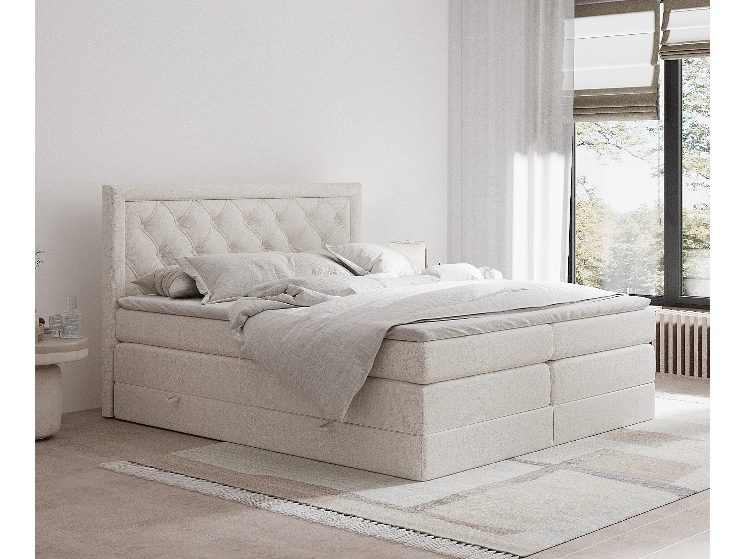 Boxspringbett aus Webstoff Aurelia - Matratze - Toppermatratze - 160x200 cm - beige