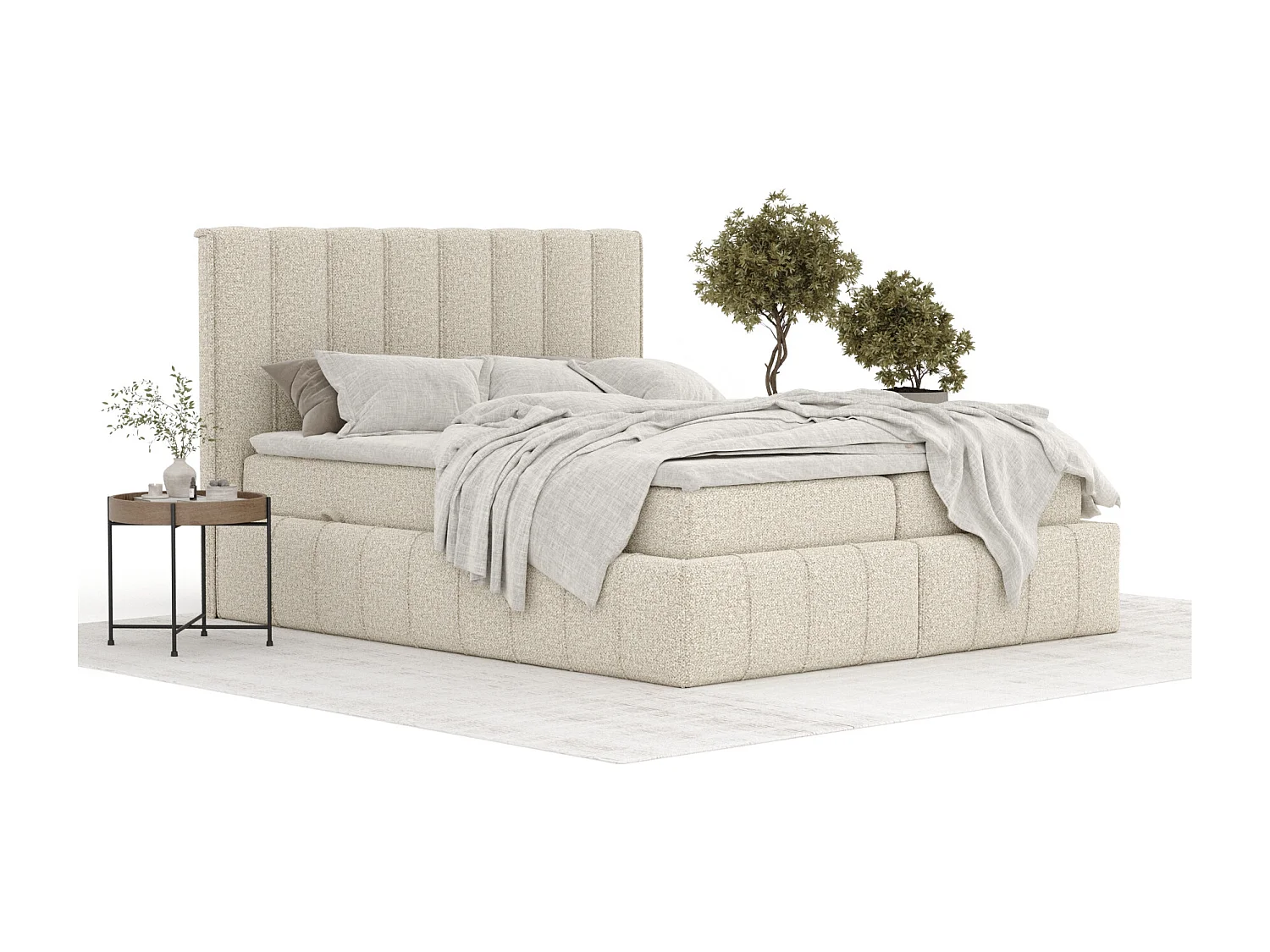 Boxspringbett aus Boucle-Stoff Moretti - Matratze - Toppermatratze - 200x200 cm - beige