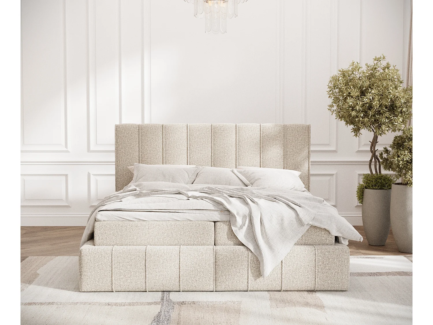 Boxspringbett aus Boucle-Stoff Moretti - Matratze - Toppermatratze - 200x200 cm - beige
