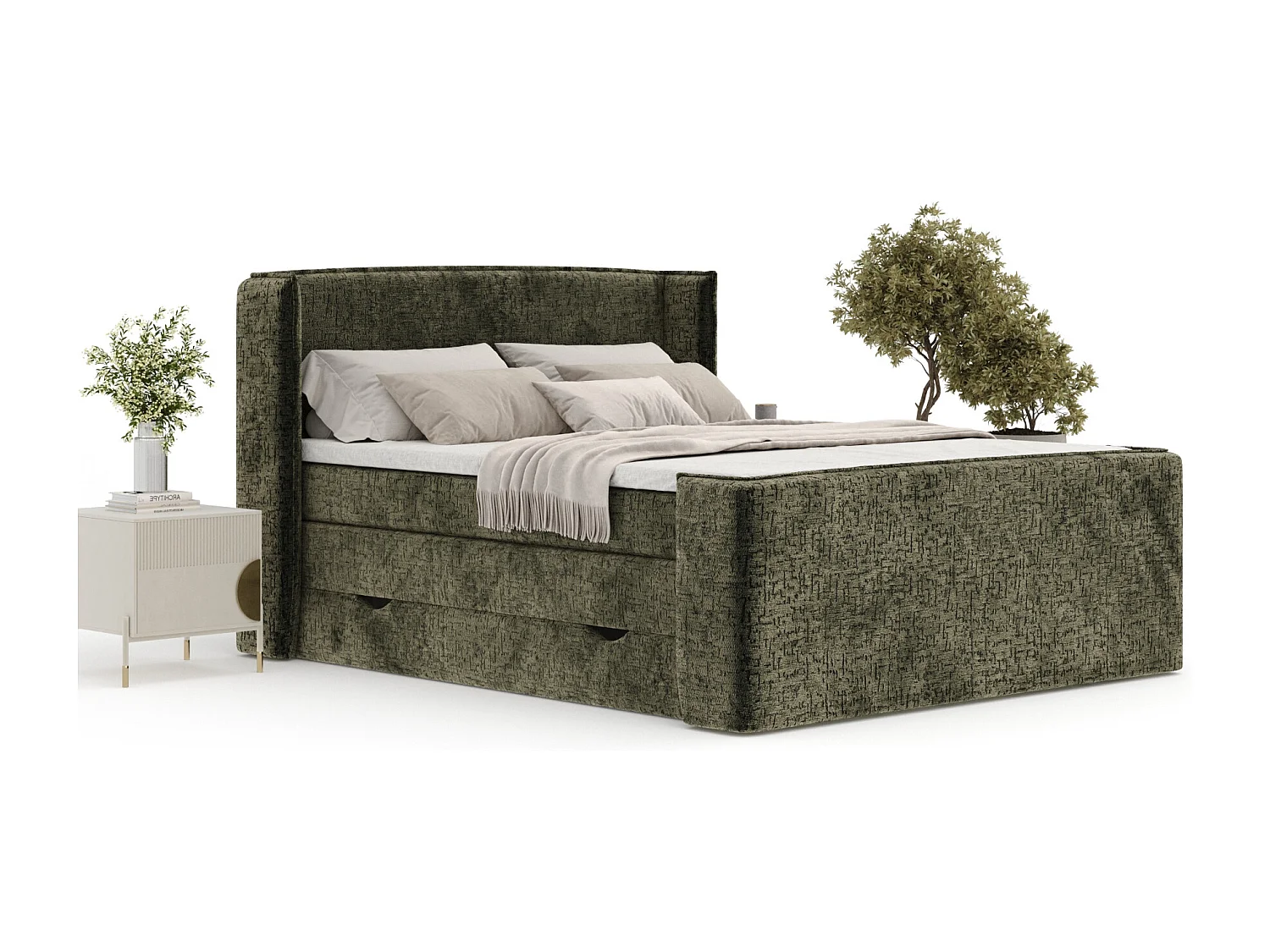 Lit boxspring en tissu chenille Freeland - matelas - surmatelas - 140x200 cm - vert olive