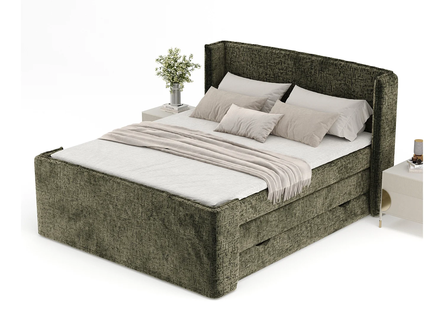 Boxspringbett aus Chenille-Stoff Freeland - Matratze - Toppermatratze - 140x200 cm - olivenfarbe
