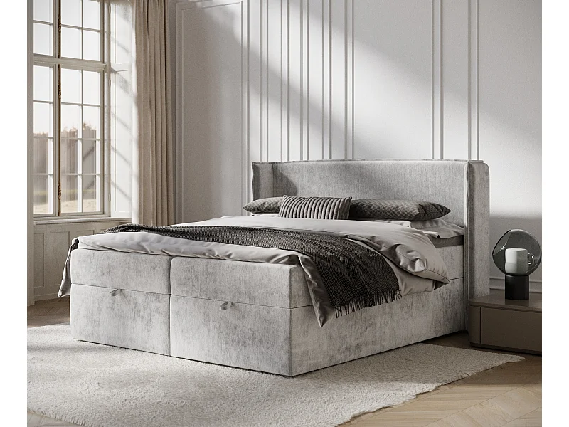 Boxspringbett aus Chenille-Stoff Passion - Matratze - Toppermatratze - 160x200 cm - hellgrau