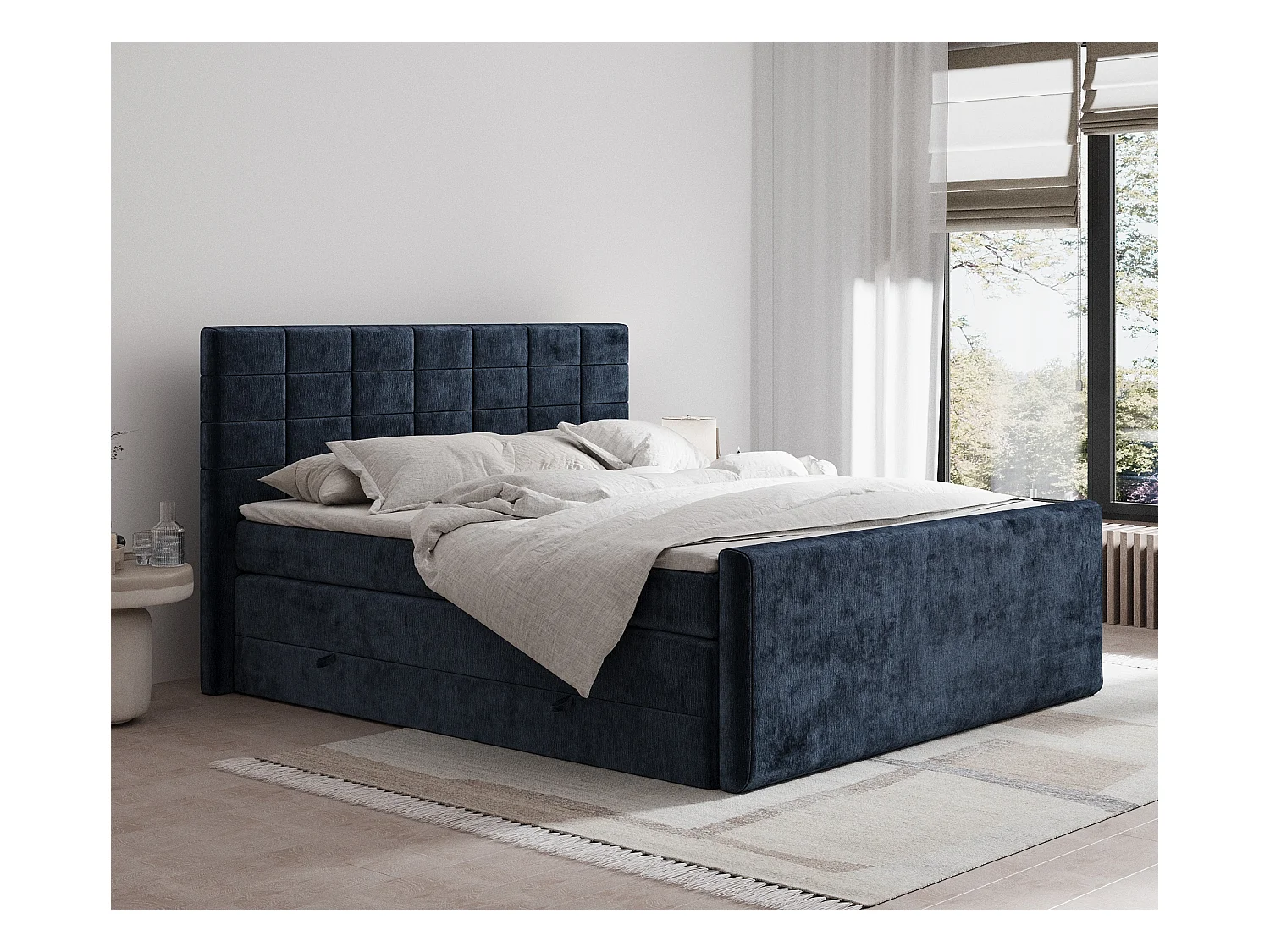 Lit boxspring en tissu chenille Ava - matelas - surmatelas - 200x200 cm - bleu marine