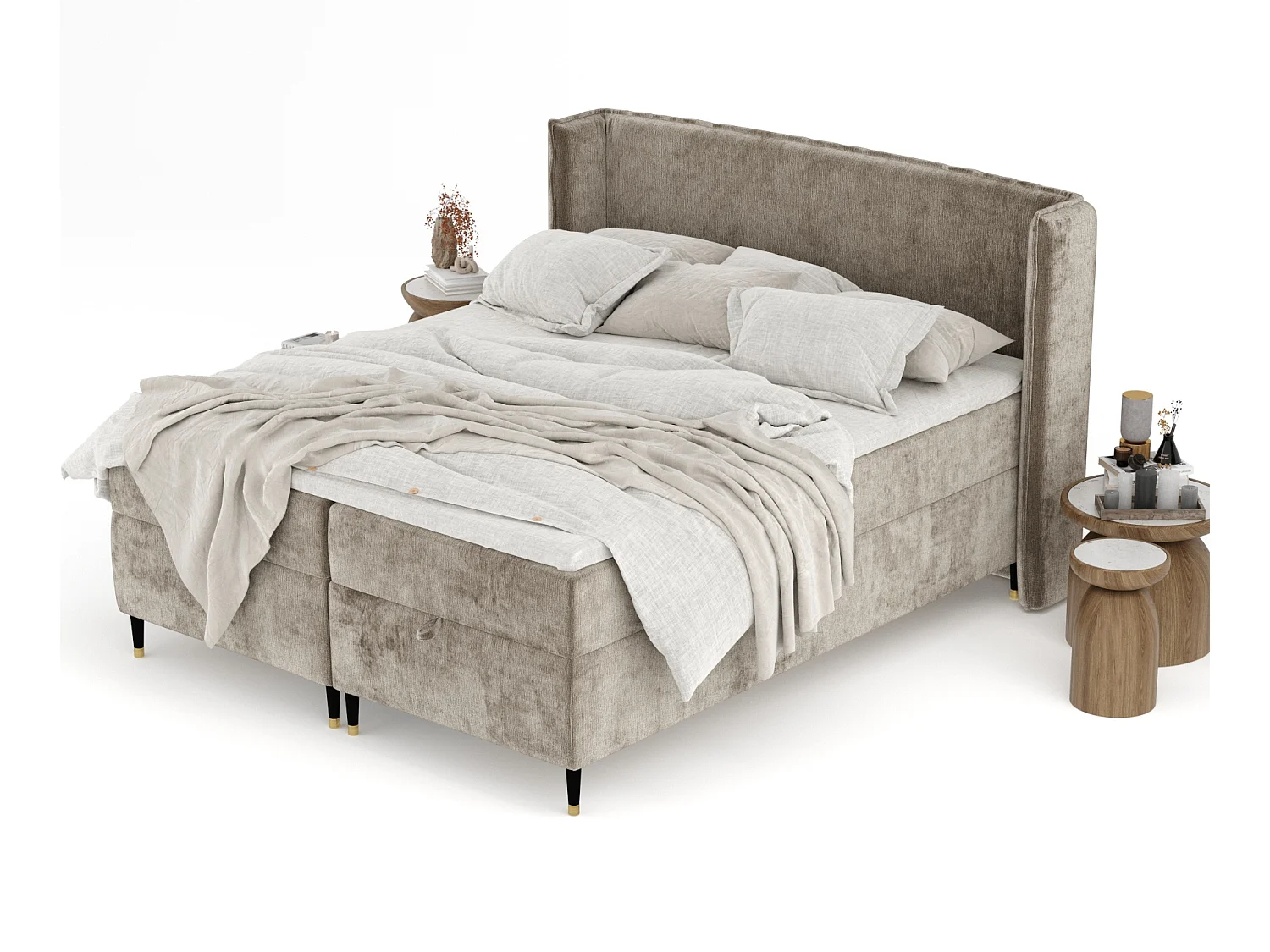 Boxspringbett aus Chenille-Stoff Monpelli - Matratze - Toppermatratze - 160x200 cm - beige