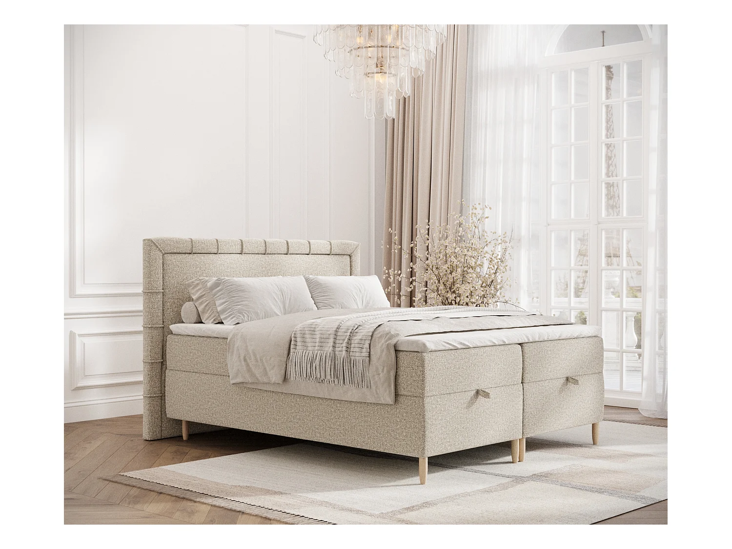 Lit boxspring en tissu bouclette Voyage - matelas - surmatelas - 200x200 cm - beige