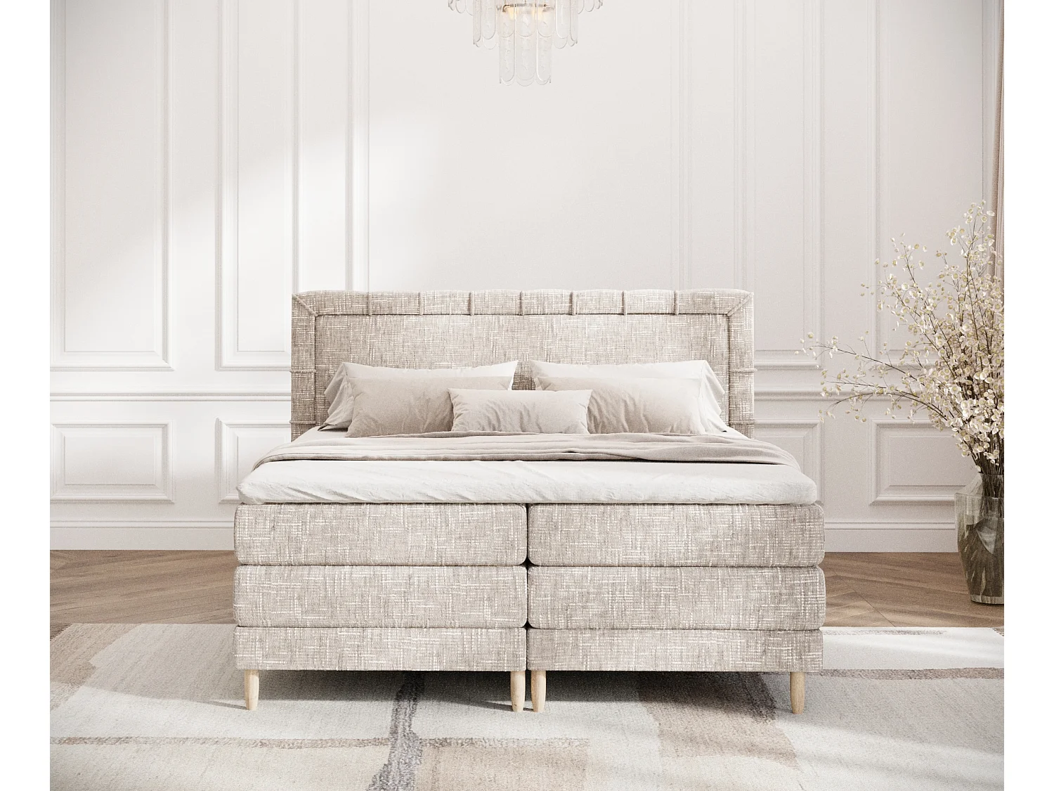 Łóżko boxspring w tkaninie plecionej Rimini - materac - topper - 200x200 cm - kremowy