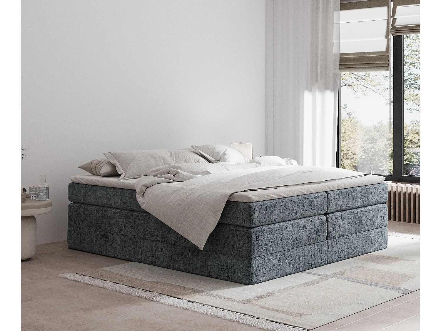 Boxspringbett aus Chenille-Stoff Juniper - Matratze - Toppermatratze - 140x200 cm - grau