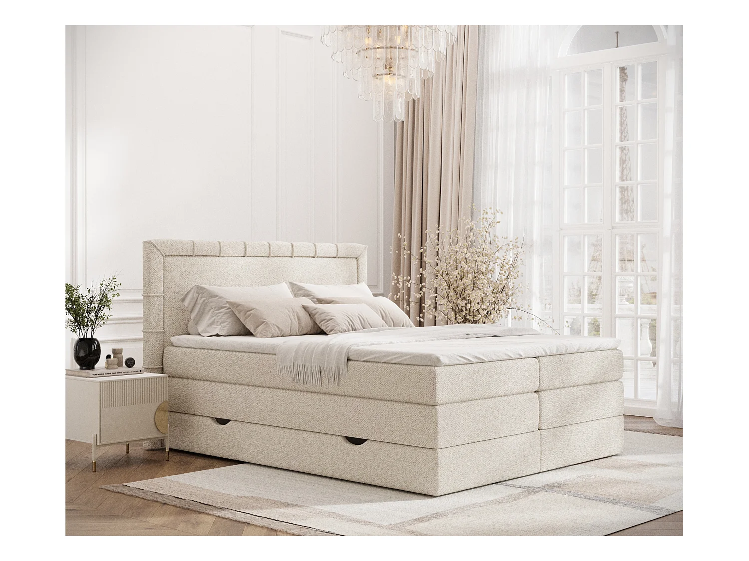 Lit boxspring en tissu bouclette Rosabel - matelas - surmatelas - 160x200 cm - creme
