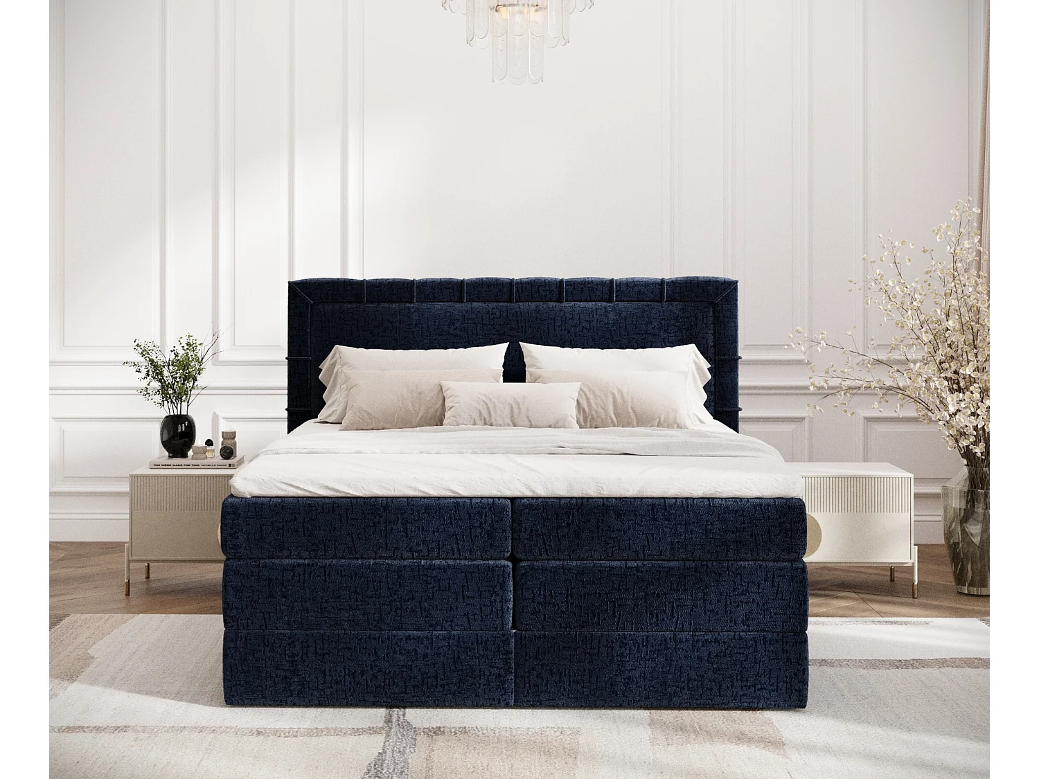 Lit boxspring en tissu chenille Rosabel - matelas - surmatelas - 200x200 cm - bleu marine
