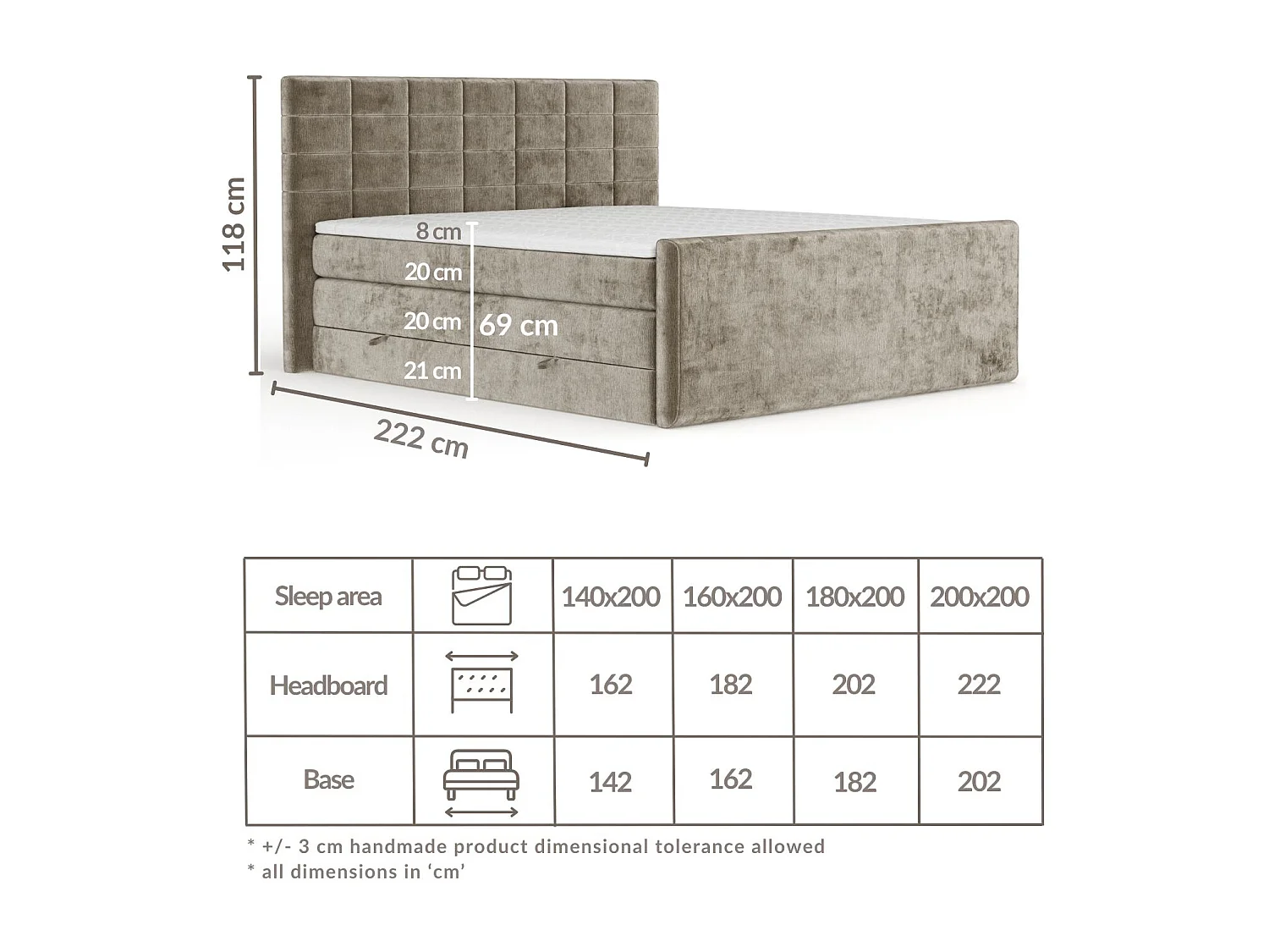 Boxspringbett aus Chenille-Stoff Ava - Matratze - Toppermatratze - 200x200 cm - grün