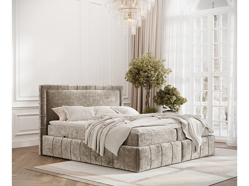 Boxspringbett aus Chenille-Stoff Sundown - Matratze - Toppermatratze - 200x200 cm - beige
