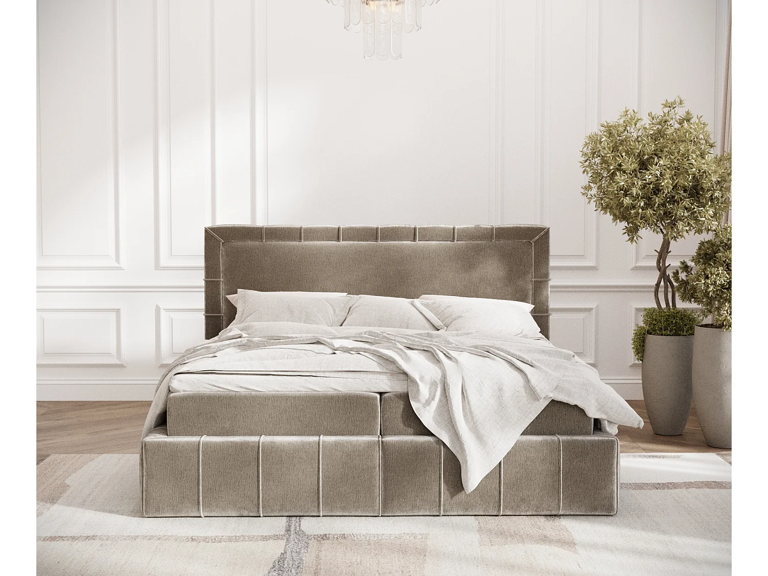 Boxspringbett aus Chenille-Stoff Sundown - Matratze - Toppermatratze - 200x200 cm - beige
