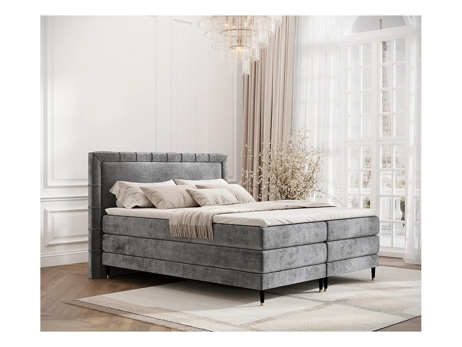 Lit boxspring en tissu chenille Rimini - matelas - surmatelas - 200x200 cm - gris