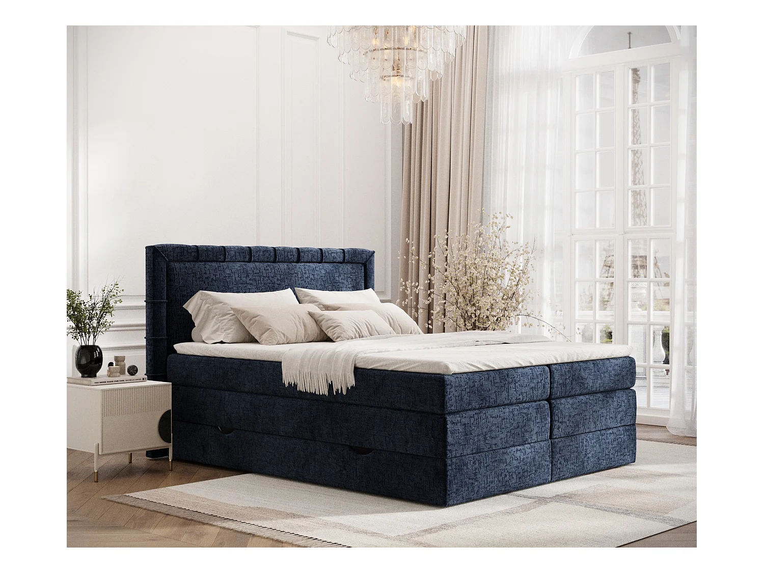 Lit boxspring en tissu chenille Rosabel - matelas - surmatelas - 160x200 cm - bleu marine