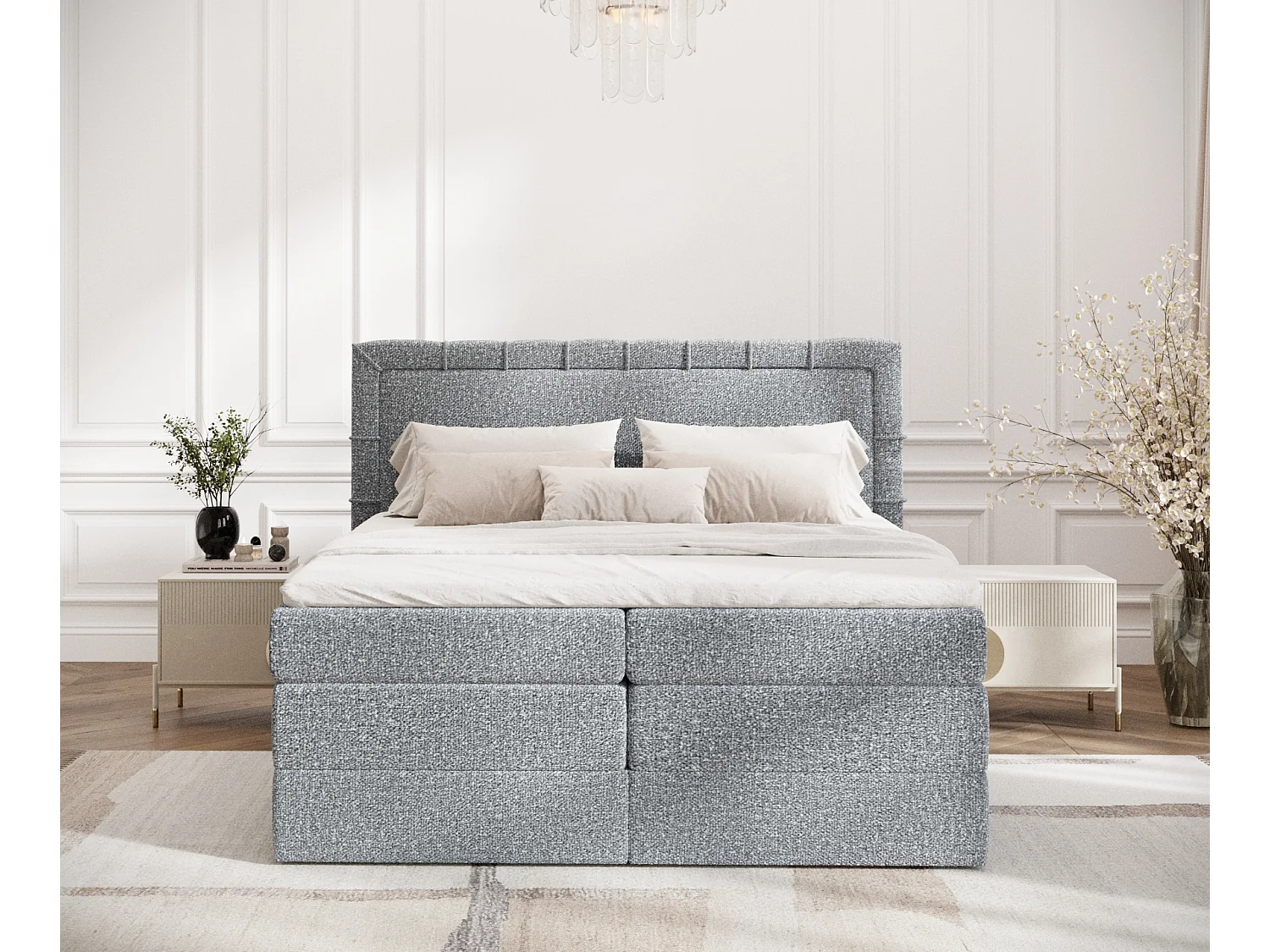 Lit boxspring en tissu bouclette Rosabel - matelas - surmatelas - 160x200 cm - gris