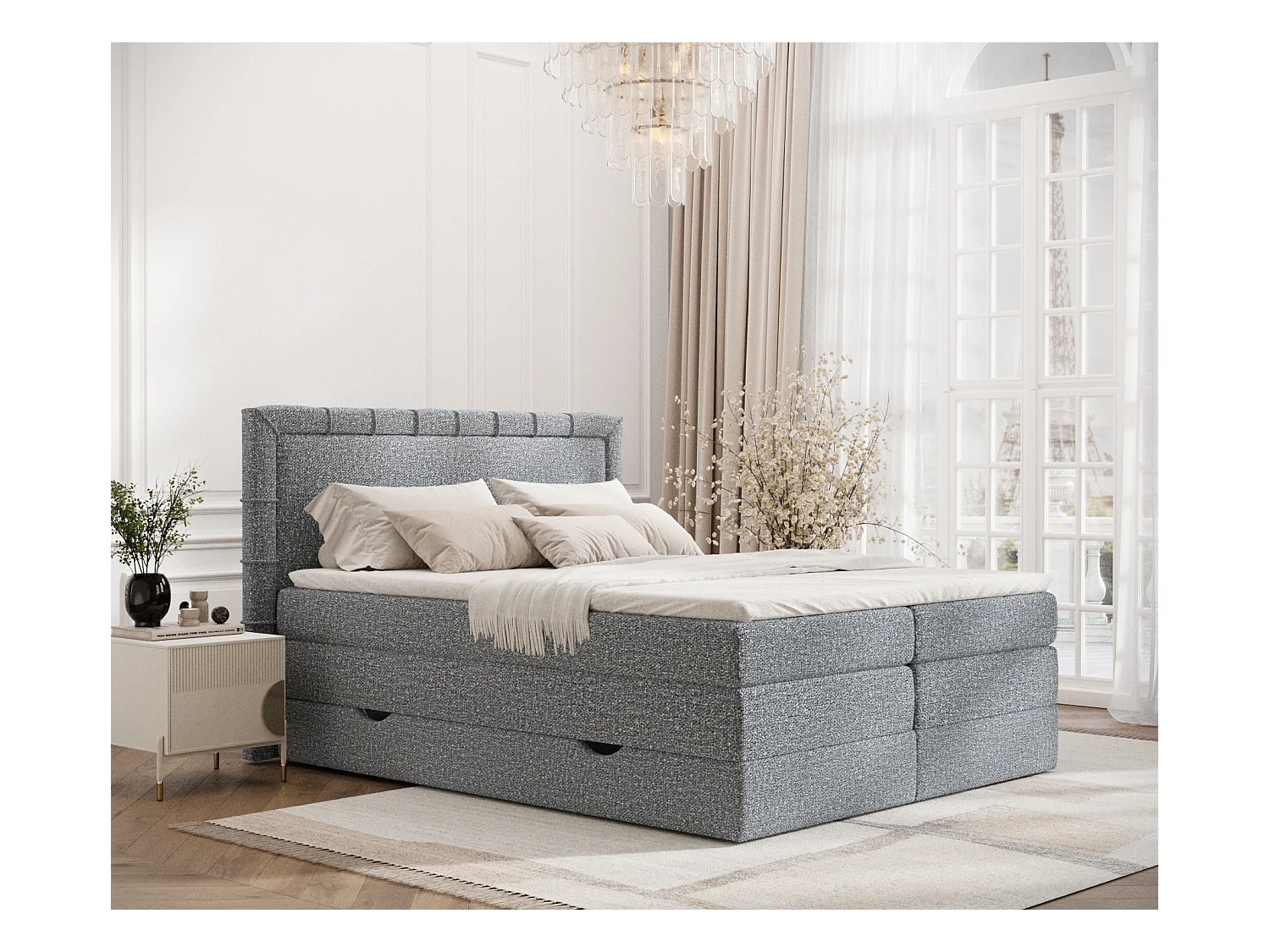 Lit boxspring en tissu bouclette Rosabel - matelas - surmatelas - 160x200 cm - gris
