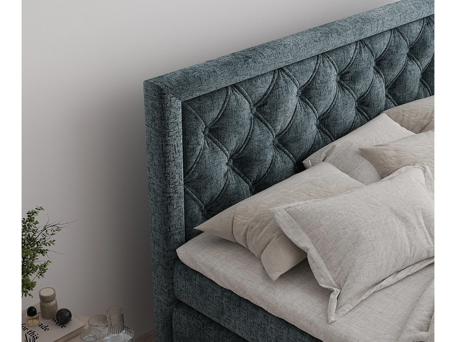 Boxspringbett aus Chenille-Stoff Aurelia - Matratze - Toppermatratze - 160x200 cm - blau