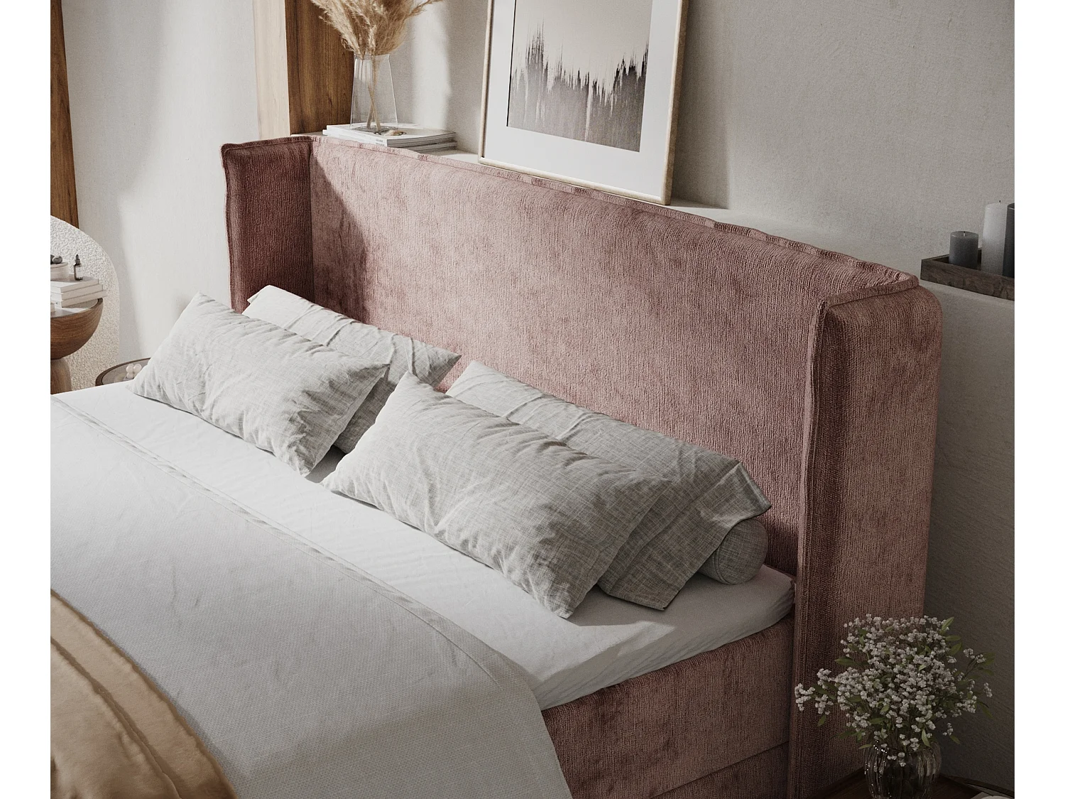 Boxspringbett aus Chenille-Stoff Skyline - Matratze - Toppermatratze - 160x200 cm - rosa
