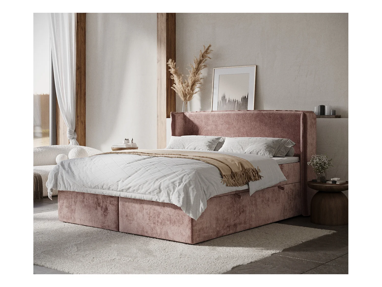 Lit boxspring en tissu chenille Skyline - matelas - surmatelas - 160x200 cm - rose