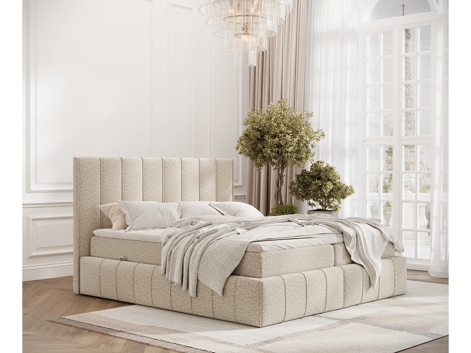 Boxspringbett aus Boucle-Stoff Moretti - Matratze - Toppermatratze - 160x200 cm - beige