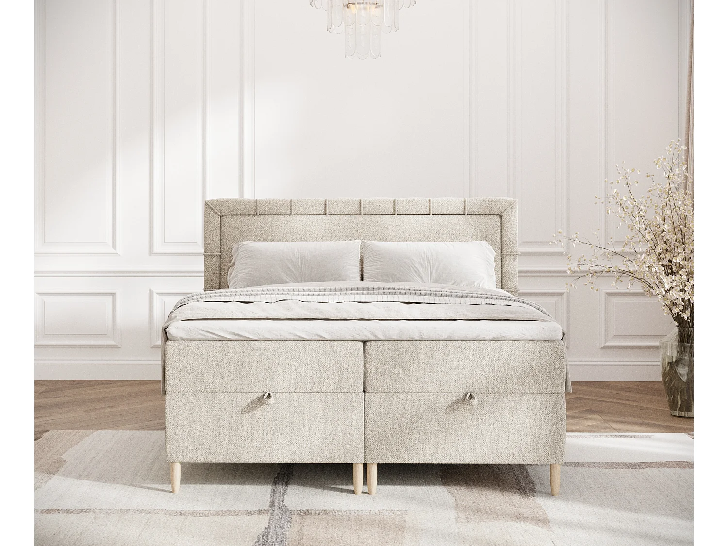 Boxspringbett aus Boucle-Stoff Voyage - Matratze - Toppermatratze - 160x200 cm - beige