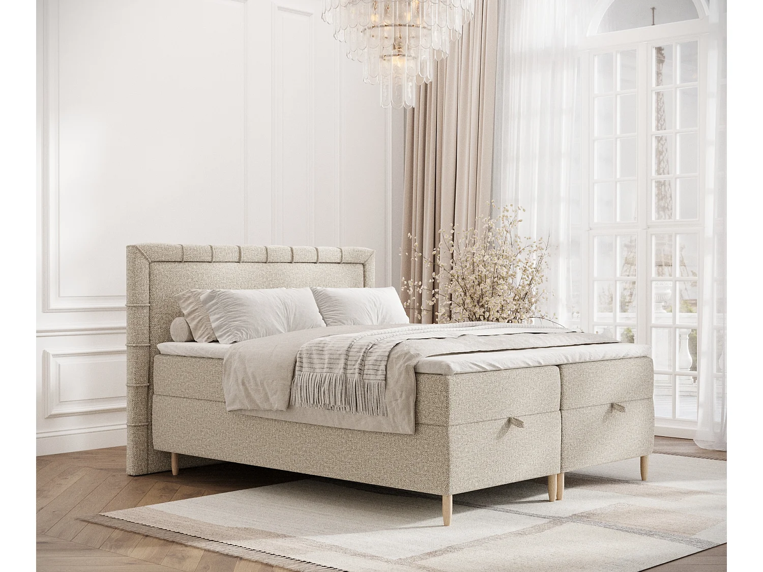 Łóżko boxspring w tkaninie boucle Voyage - materac - topper - 160x200 cm - beżowy