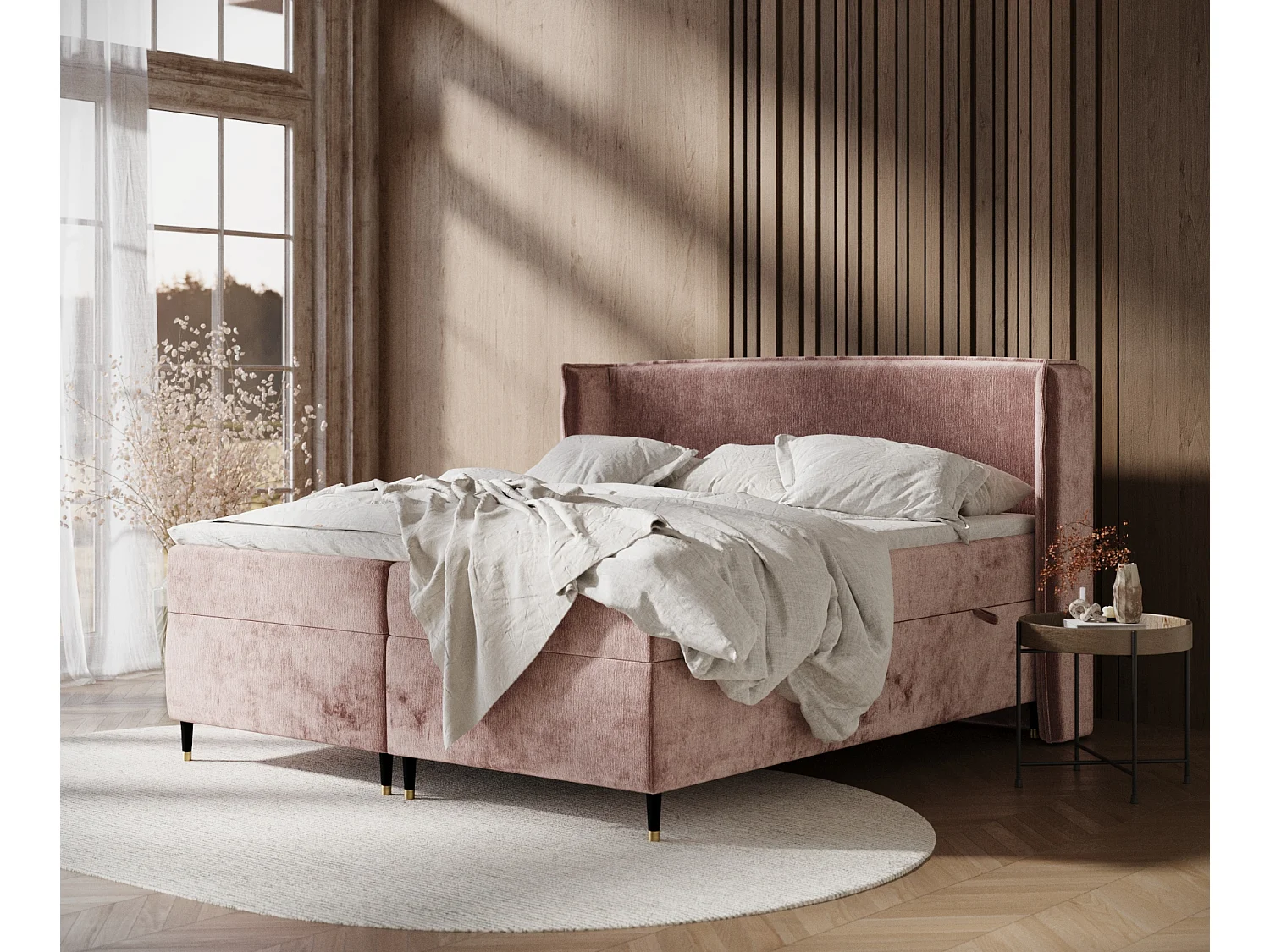 Lit boxspring en tissu chenille Segni - matelas - surmatelas - 140x200 cm - rose