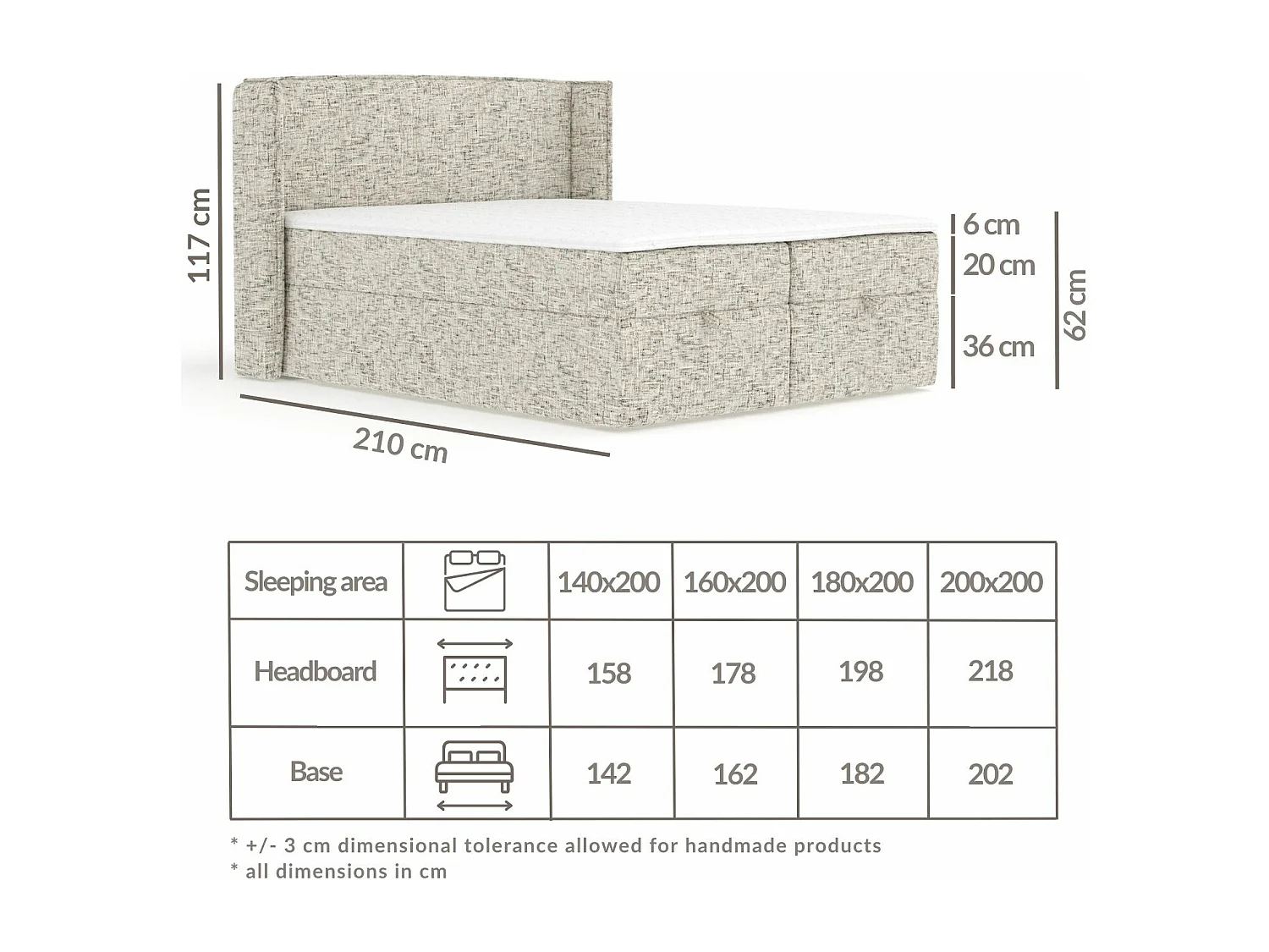 Lit boxspring en toile tissée Passion - matelas - surmatelas - 180x200 cm - creme