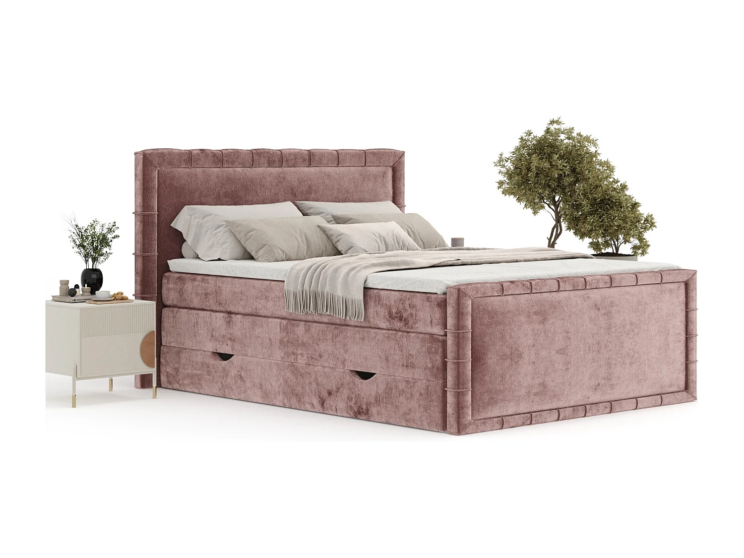 Lit boxspring en tissu chenille Estelle - matelas - surmatelas - 160x200 cm - rose