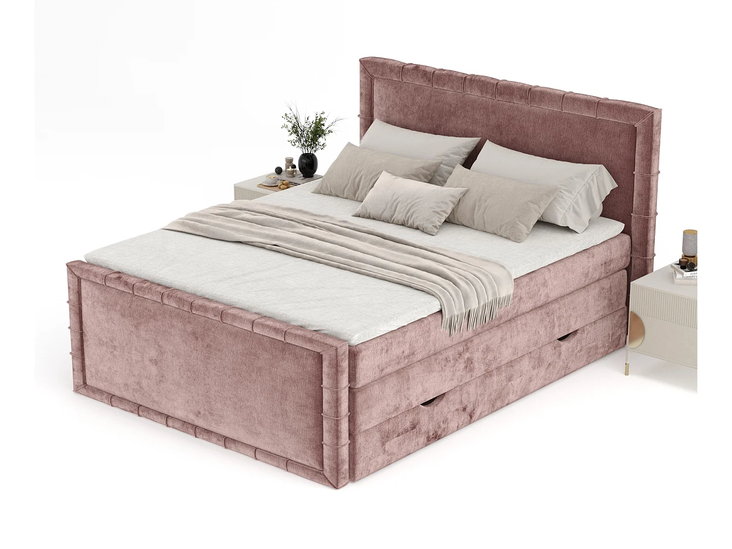 Lit boxspring en tissu chenille Estelle - matelas - surmatelas - 160x200 cm - rose