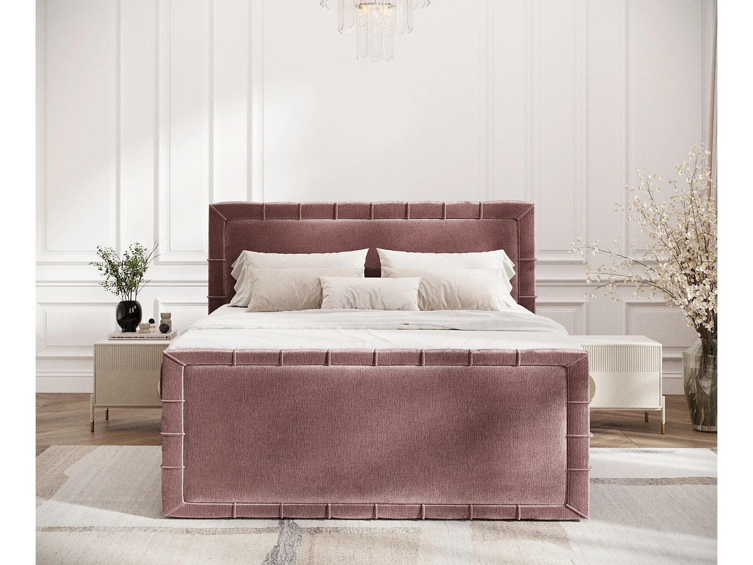 Boxspringbett im Chenille-Stoff Estelle - Matratze - Topper - 160x200 cm - rosa