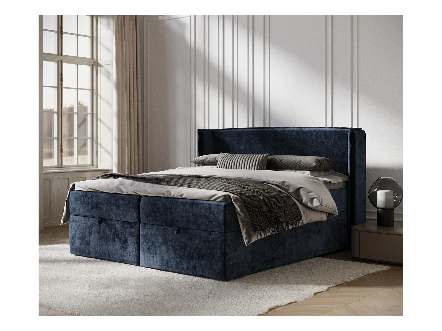 Lit boxspring en tissu chenille Passion - matelas - surmatelas - 160x200 cm - bleu marine