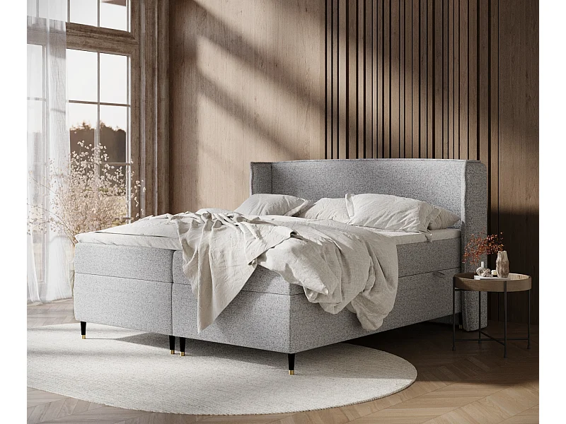 Łóżko boxspring w tkaninie plecionej Segni - materac - topper - 140x200 cm - szary