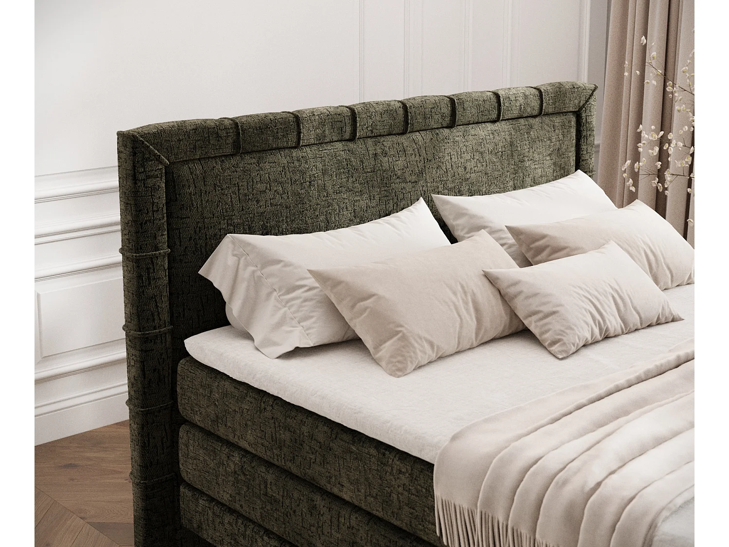 Boxspringbett aus Chenille-Stoff Rimini - materac - topper - 200x200 cm - olivenfarbe